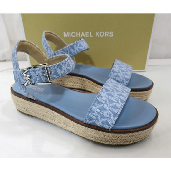 Michael Kors Richie Espadrille Platform Wedge Sandals MK Logo Blue - Picture 4 of 8